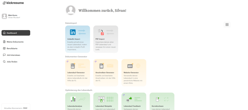 KickResume Erfahrung - das Dashboard