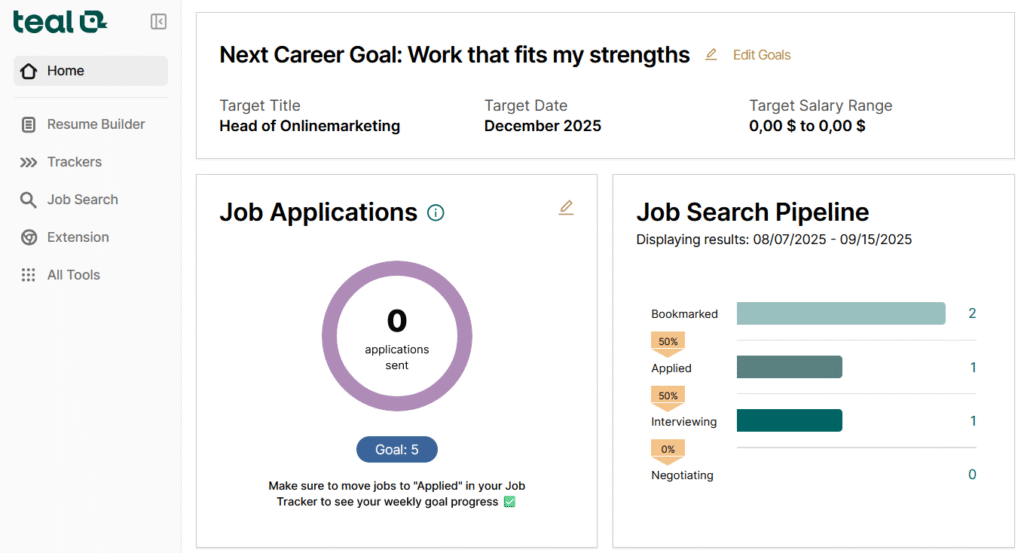Teal HQ Resume Builder Dashboard