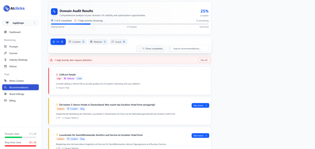 Optimierungsempfehlungen von AI Clicks
