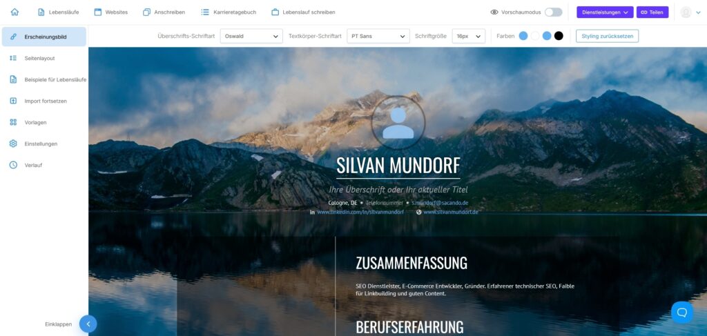 VisualCV Website Baukasten