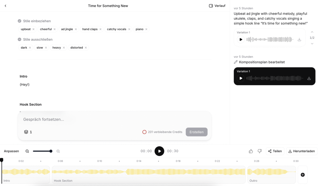 Songs können in ElevenLabs Music Generator einfach bearbeitet werden