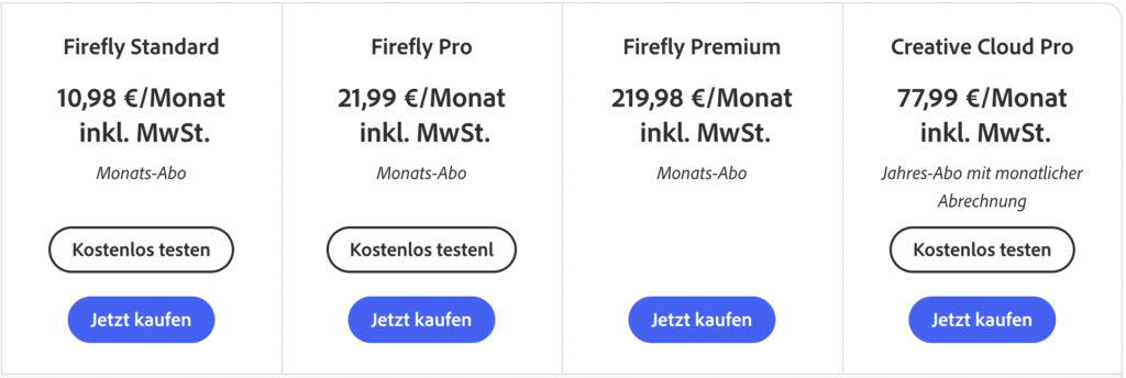 Die Pricing Tabelle von Adobe Firefly