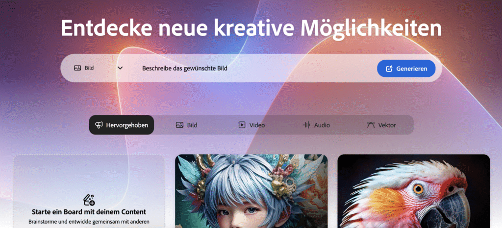 Die Adobe Firefly Startseite. Du kannst direkt mit einem Prompt oder einem Beispiel loslegen.